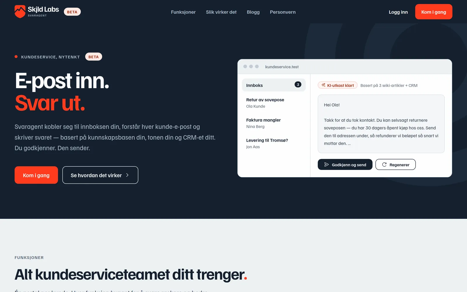 Svaragents produktside med en demonstrasjon av innboks og et ferdig svarutkast