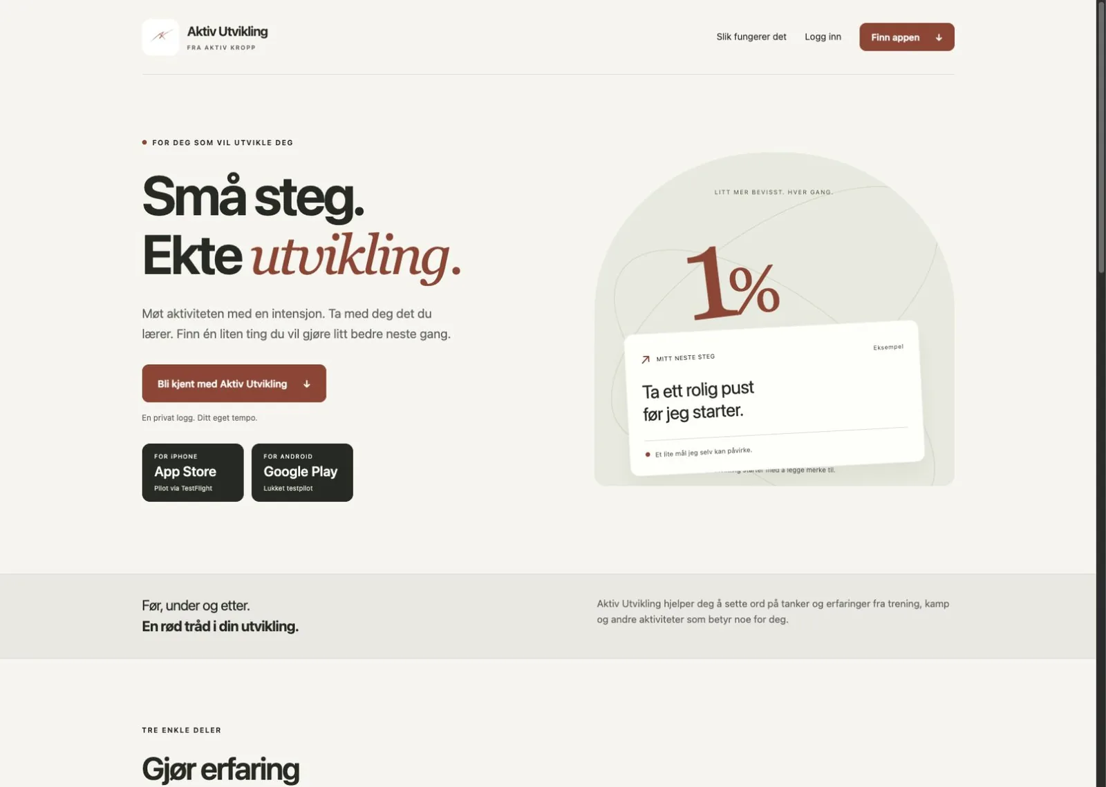 Aktiv Utviklings produktside presenterer coachingkonseptet og pilottilgang for iPhone og Android.