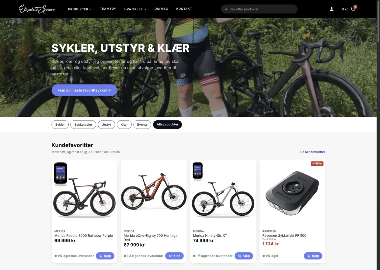 Nettbutikken viser sykler og utstyr i Elisabeths uttrykk. Design: essDesign / Elisabeth Sveum; teknikk: Skjld Labs.