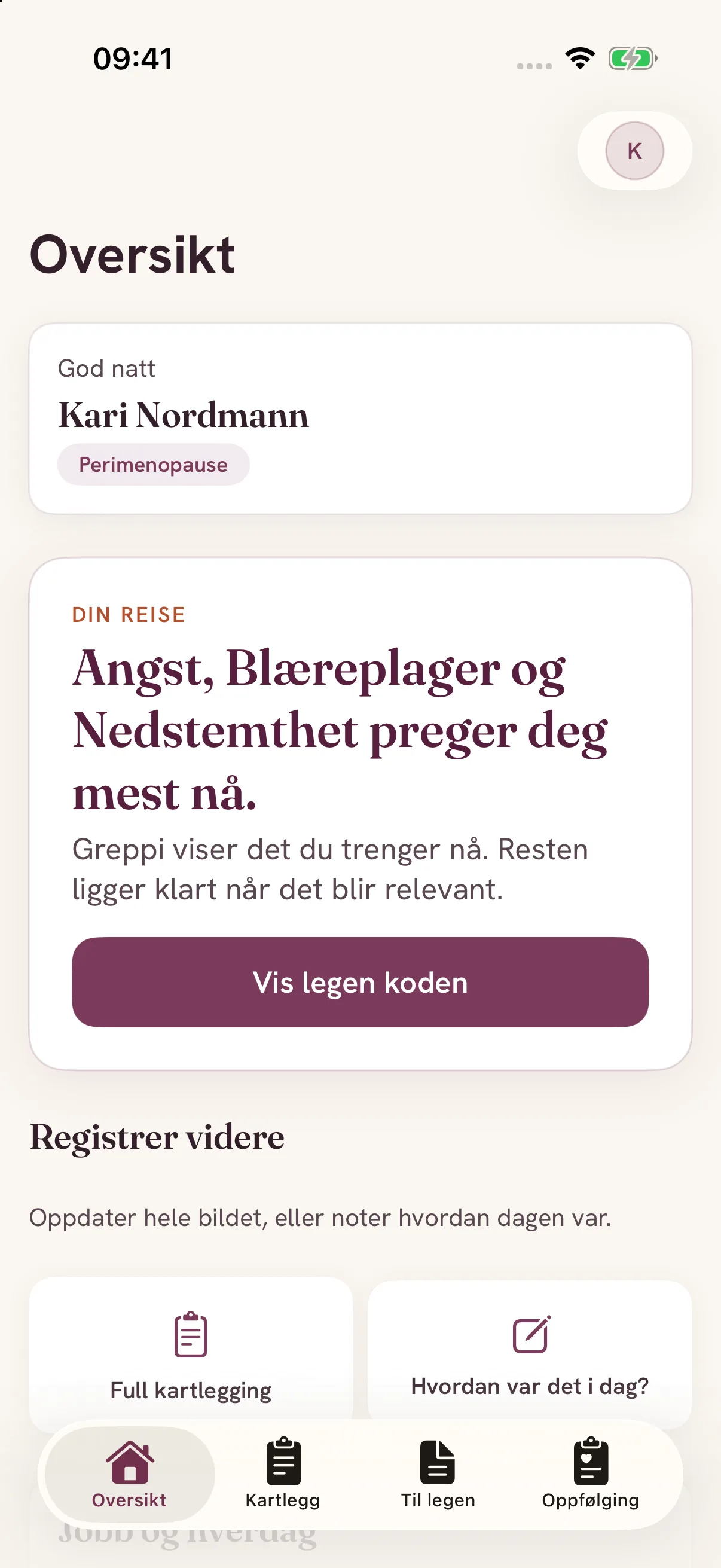 Publisert skjermbilde fra Greppi-appen med eksempeldata. Appen deler backend med web og Android.