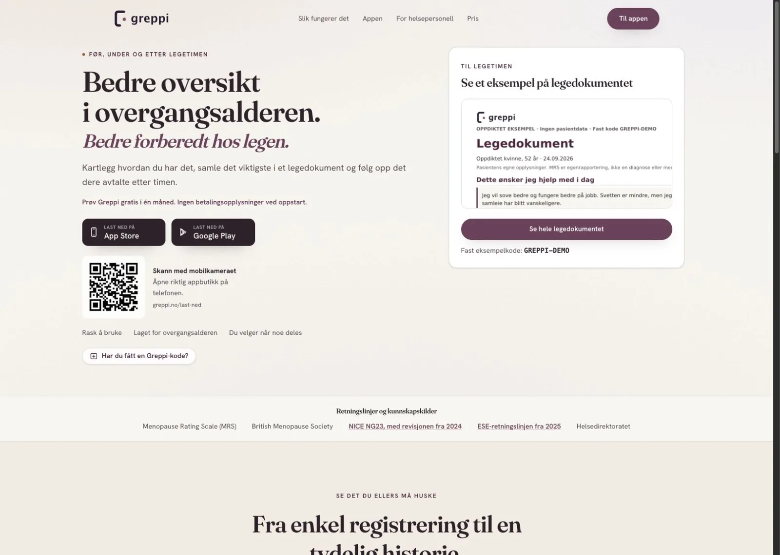 Greppis offentlige produktside viser veien fra kartlegging til et legedokument med tydelig merkede eksempeldata.
