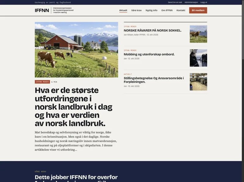 IFFNNs redaksjonelle forside med nyheter, aktuelle saker og inngang til medlemskap.