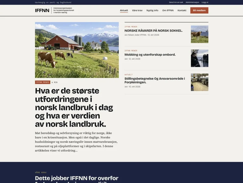 IFFNNs redaksjonelle forside med nyheter, aktuelle saker og inngang til medlemskap.