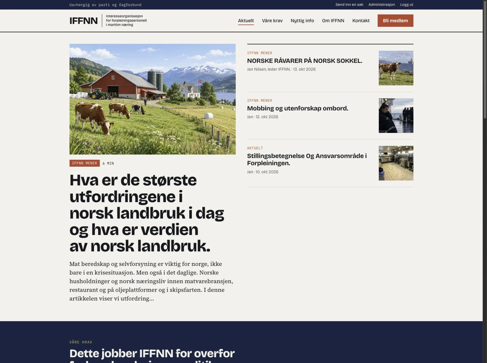 IFFNNs redaksjonelle forside med nyheter, aktuelle saker og inngang til medlemskap.
