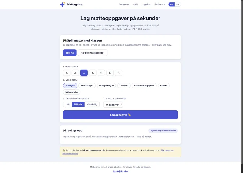 Mattegnist lar brukeren velge trinn, tema, vanskelighetsgrad og antall oppgaver i samme visning.