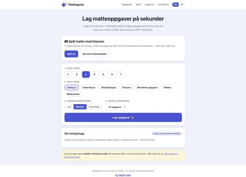 Mattegnist lar brukeren velge trinn, tema, vanskelighetsgrad og antall oppgaver i samme visning.