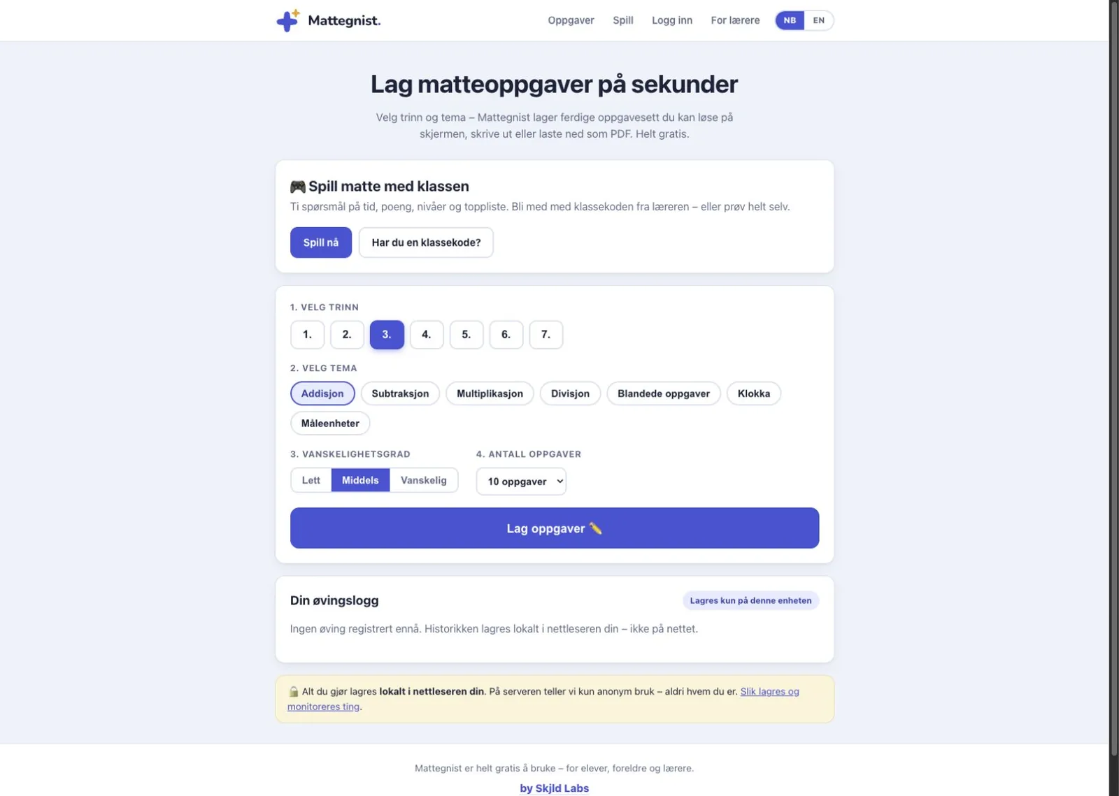 Mattegnist lar brukeren velge trinn, tema, vanskelighetsgrad og antall oppgaver i samme visning.