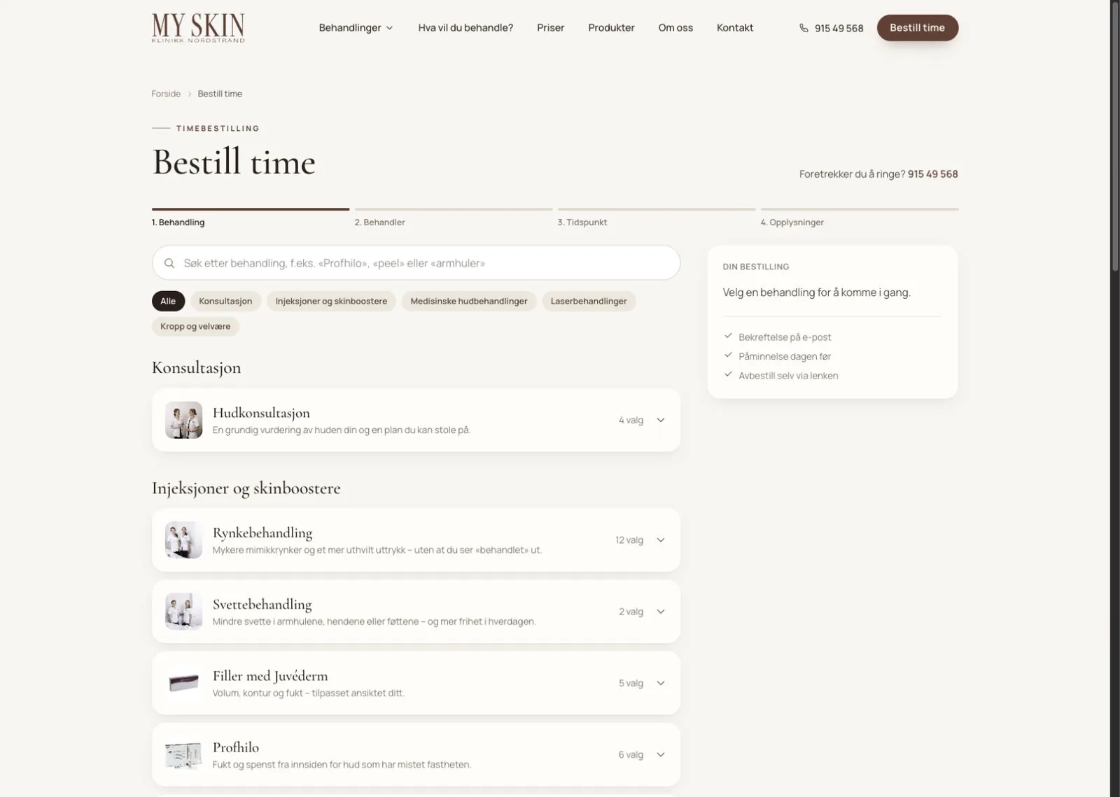 Første steg i MY SKINs booking: velg behandling, deretter behandler, tidspunkt og kontaktopplysninger. Utviklingsvisning.