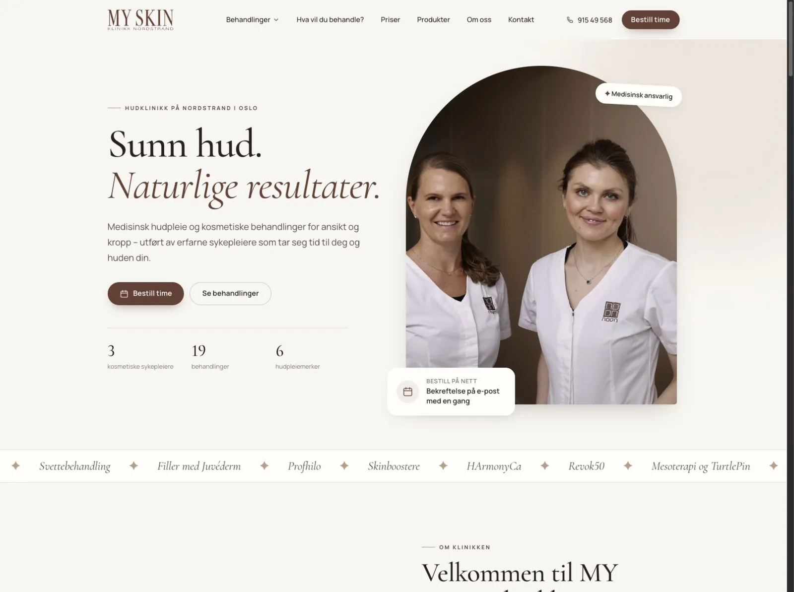 MY SKINs utviklingsvisning presenterer klinikken, behandlingene og inngangen til timebestilling.
