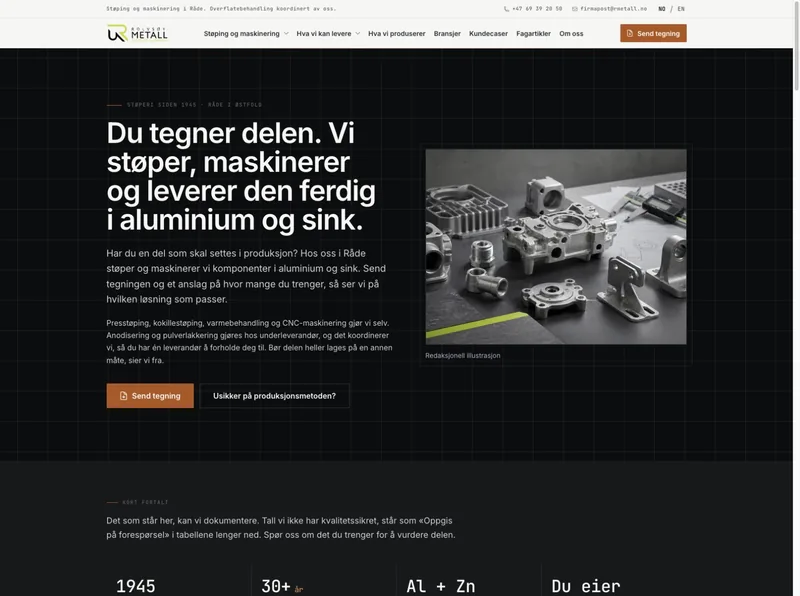 Utviklingsvisning av RMetalls industrinettside med tydelig inngang til å sende en tegning.