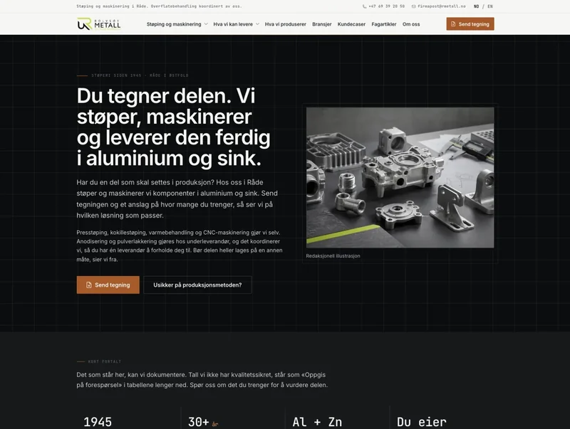 Utviklingsvisning av RMetalls industrinettside med tydelig inngang til å sende en tegning.