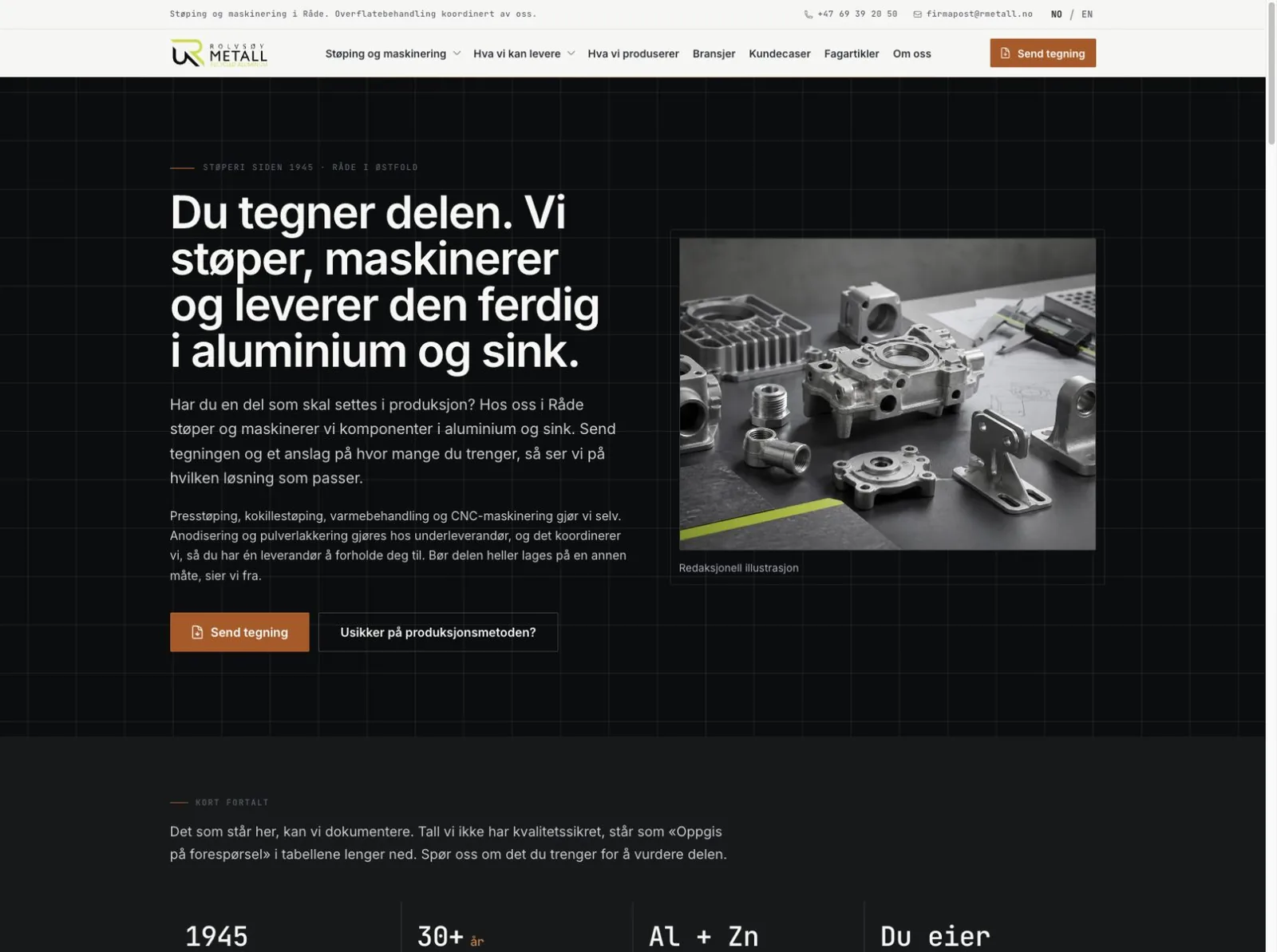 Utviklingsvisning av RMetalls industrinettside med tydelig inngang til å sende en tegning.