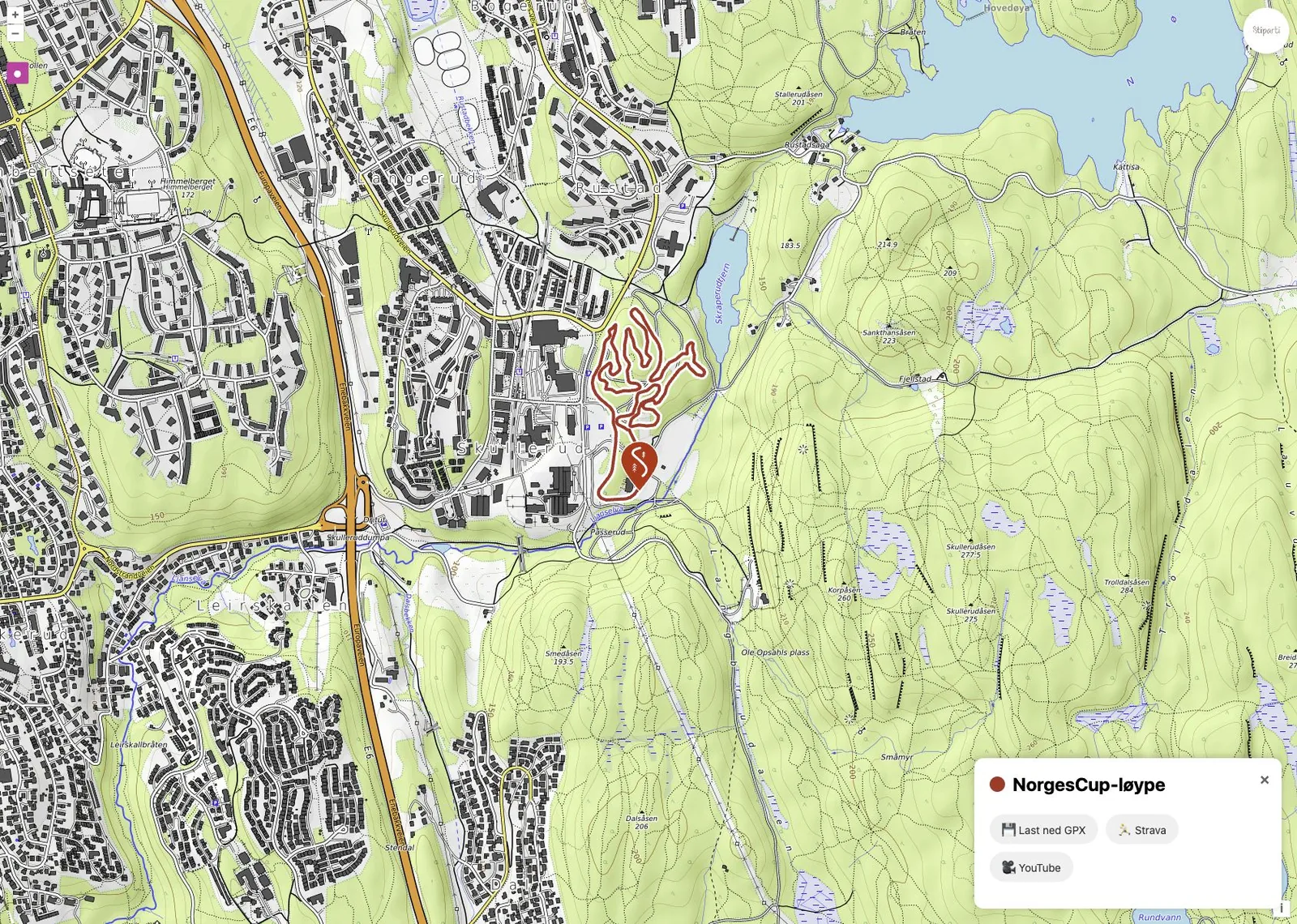 StiPartis kart viser en løype med stedskort og innganger til GPX, Strava og video.