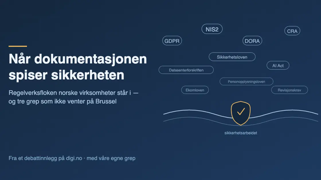 Regelverk som GDPR, NIS2, DORA og AI Act rundt et skjold over en bølgelinje