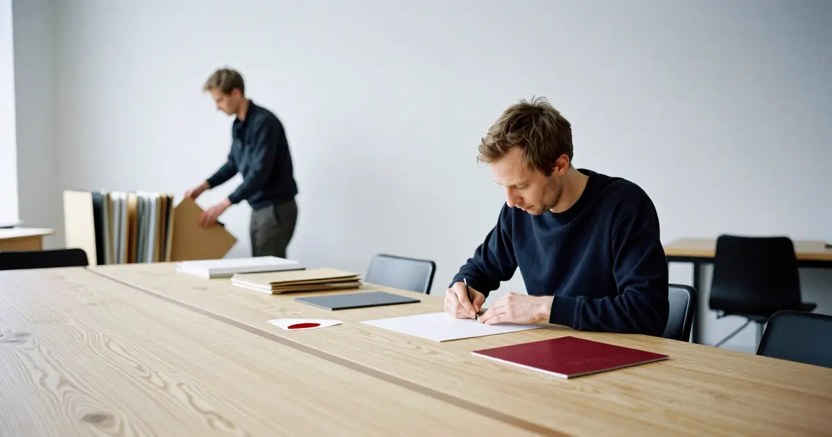 To personer jobber med dokumenter ved et langt trebord i et lyst rom