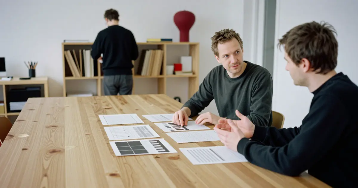 To personer diskuterer utskrevne grafer ved et trebord på et kontor
