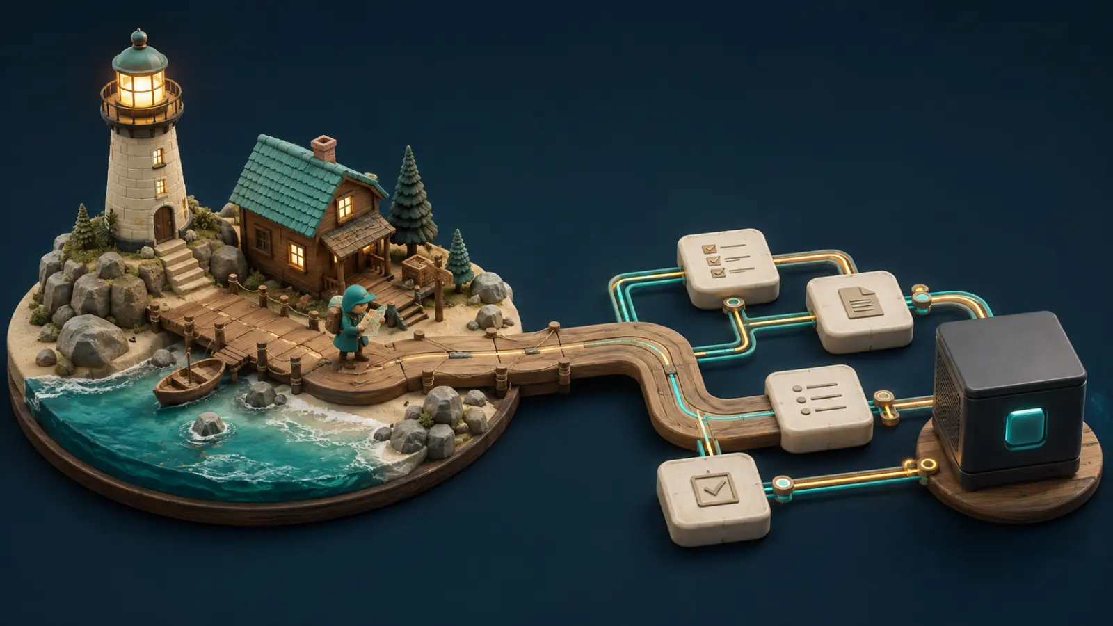 En liten spillverden med fyrtårn og hus, koblet til oppgavekort og en server